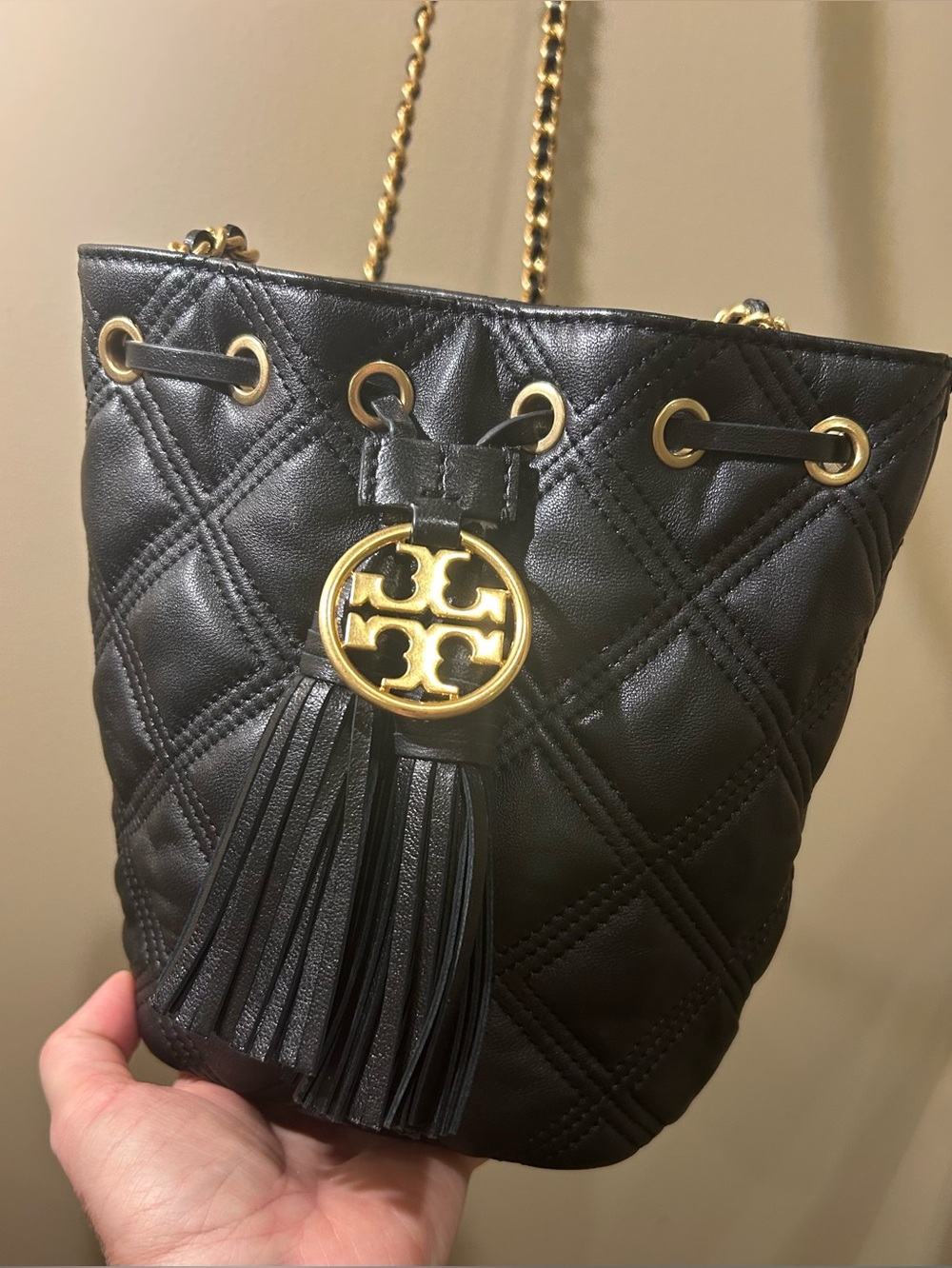 Tory Burch Flemming Mini Black Quilted Leather Bucket Bag with Tassels - Picture 9 of 14